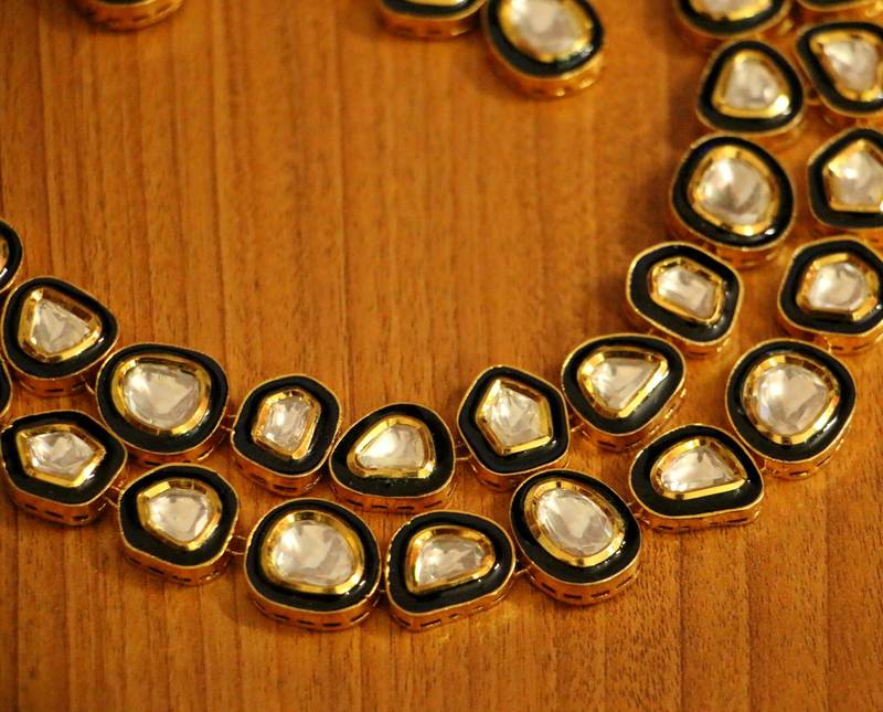 Uncut Kundan Polki Real Gold Look Two Line Necklace Set