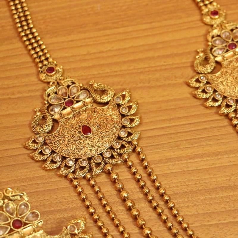 Antique Gold Look Ruby Polki Ethnic Necklace Set